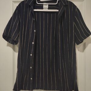 Zara Men's Navy Striped Button Down Shirt